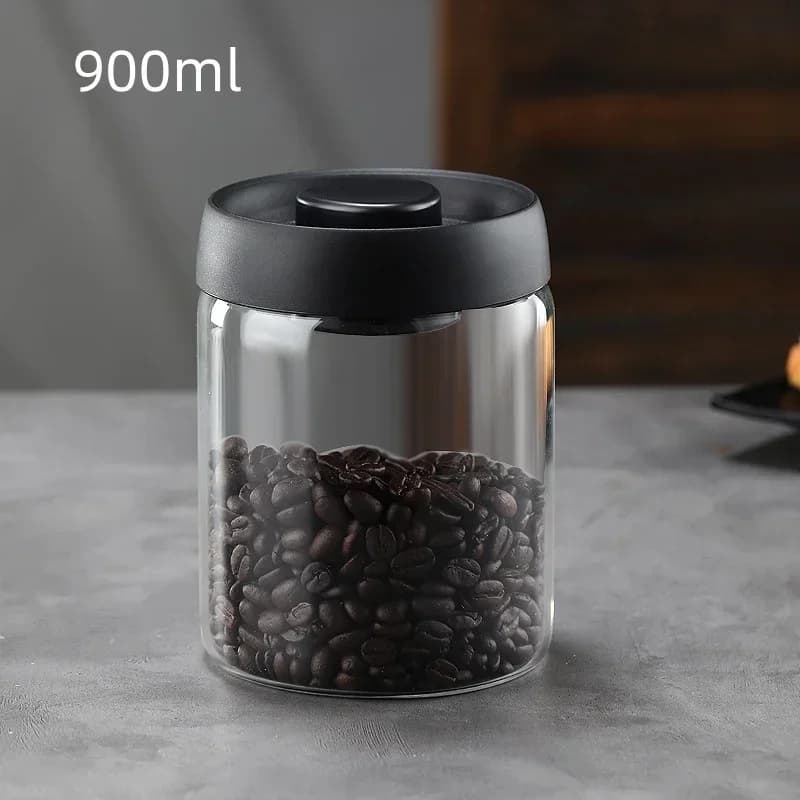Barattolo Ermetico Sottovuoto Manuale in Vetro con Coperchio Nero - Per Chicchi di Caffè e Tè