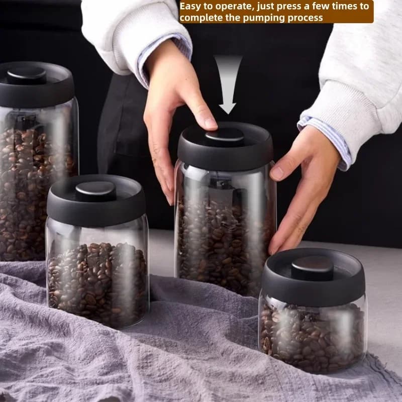 Barattolo Ermetico Sottovuoto Manuale in Vetro con Coperchio Nero - Per Chicchi di Caffè e Tè