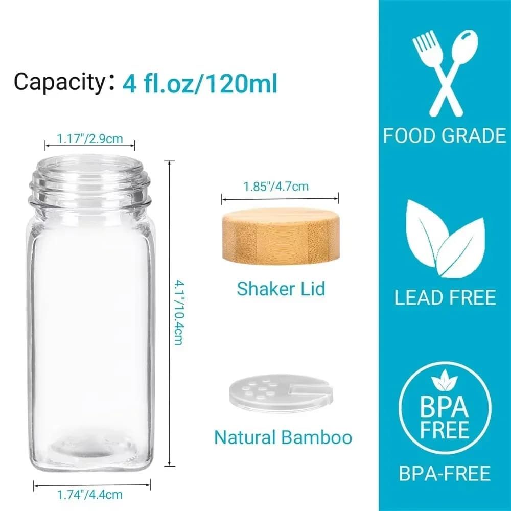 Set Barattoli per Spezie in Vetro (6/12/24 pz) con Coperchi in Bambù o Metallo, Etichette e Imbuto