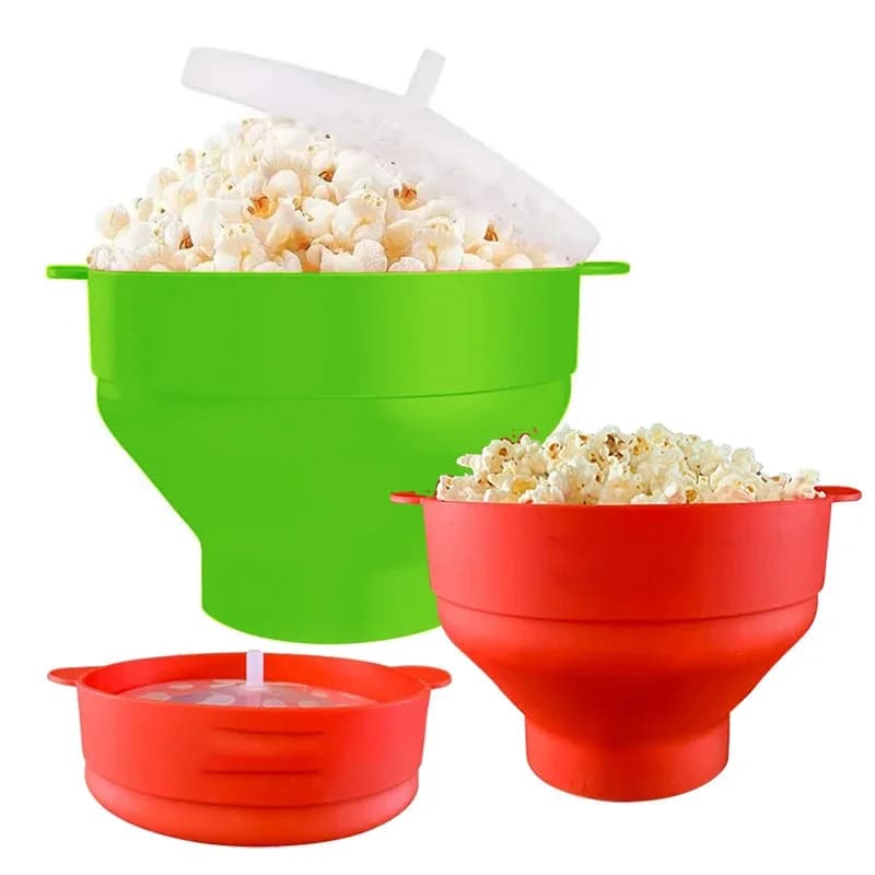 Ciotola per Popcorn da Microonde in Silicone Pieghevole Senza BPA con Coperchio