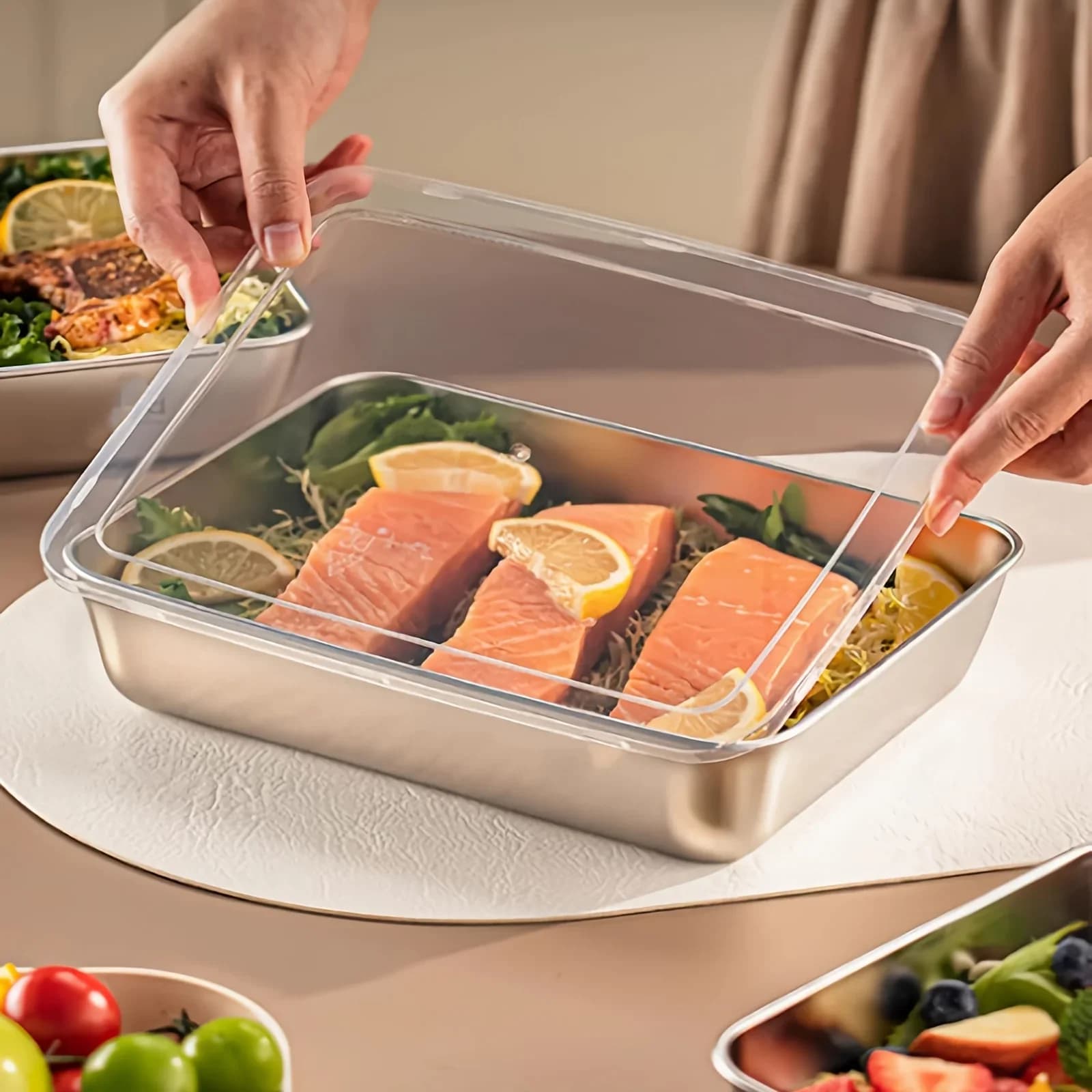 Set da 3 Contenitori Porta Pranzo in Acciaio Inox, Ermetici e Impilabili con Coperchio Trasparente per Campeggio