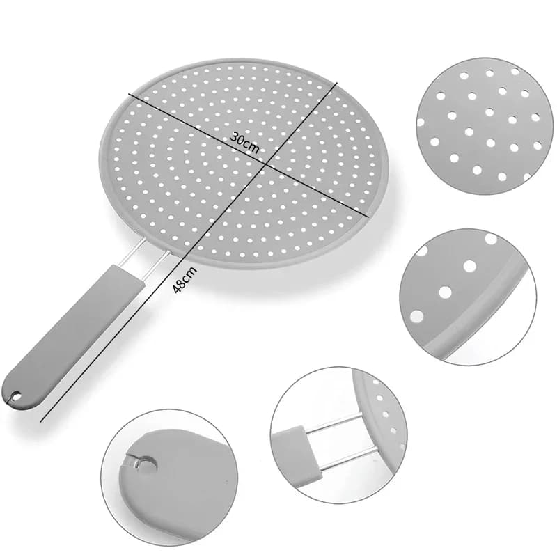 Paraschizzi da cucina in silicone con manico, coperchio paraolio termoresistente per padelle