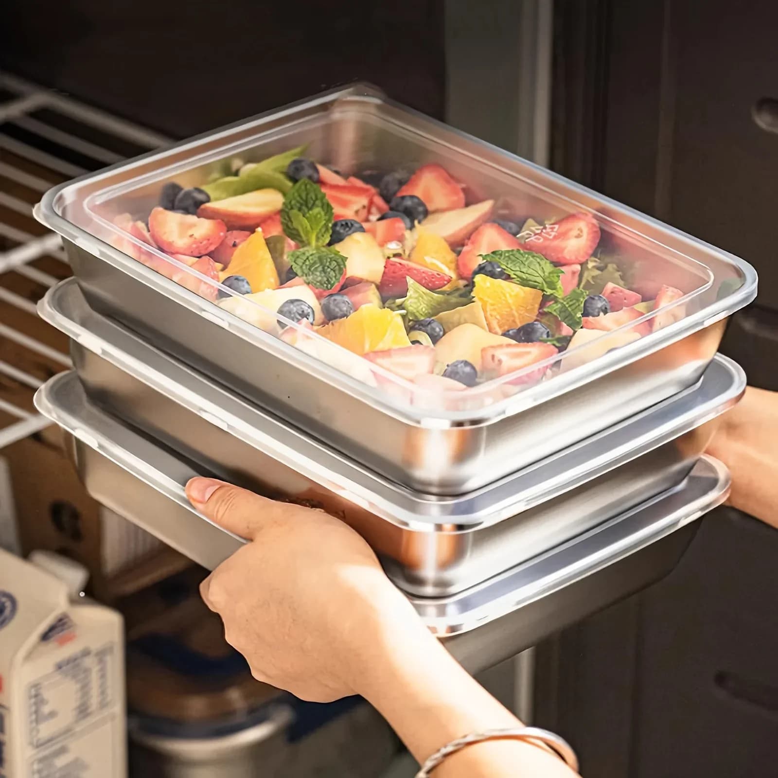 Set da 3 Contenitori Porta Pranzo in Acciaio Inox, Ermetici e Impilabili con Coperchio Trasparente per Campeggio