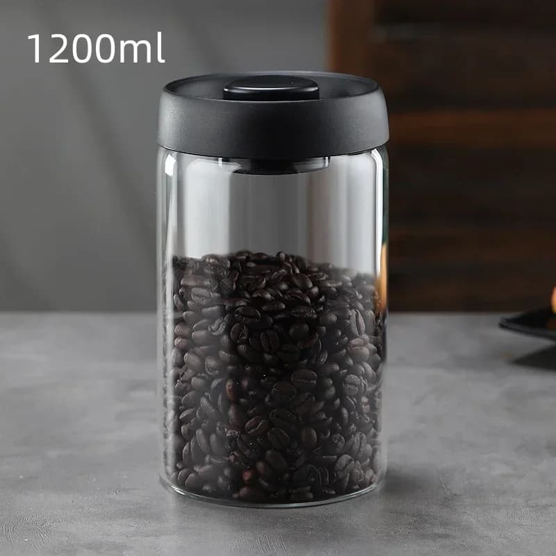 Barattolo Ermetico Sottovuoto Manuale in Vetro con Coperchio Nero - Per Chicchi di Caffè e Tè