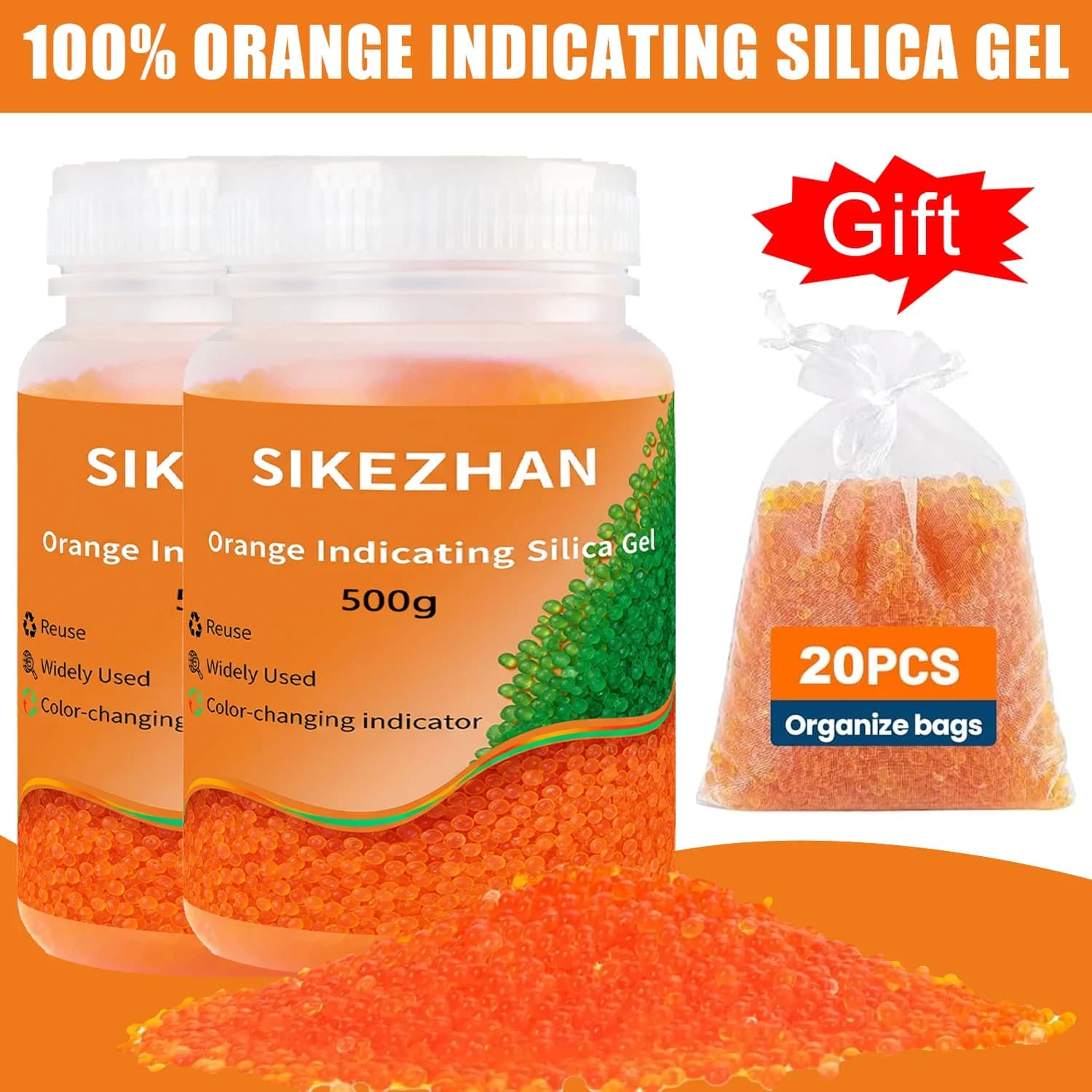 Gel di Silice Essiccante con Indicatore 1000g Perle Assorbiumidità Riutilizzabili Blu/Arancione con 20 Sacchetti