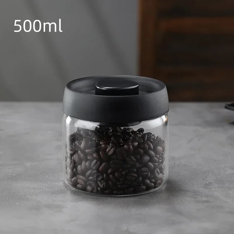 Barattolo Ermetico Sottovuoto Manuale in Vetro con Coperchio Nero - Per Chicchi di Caffè e Tè