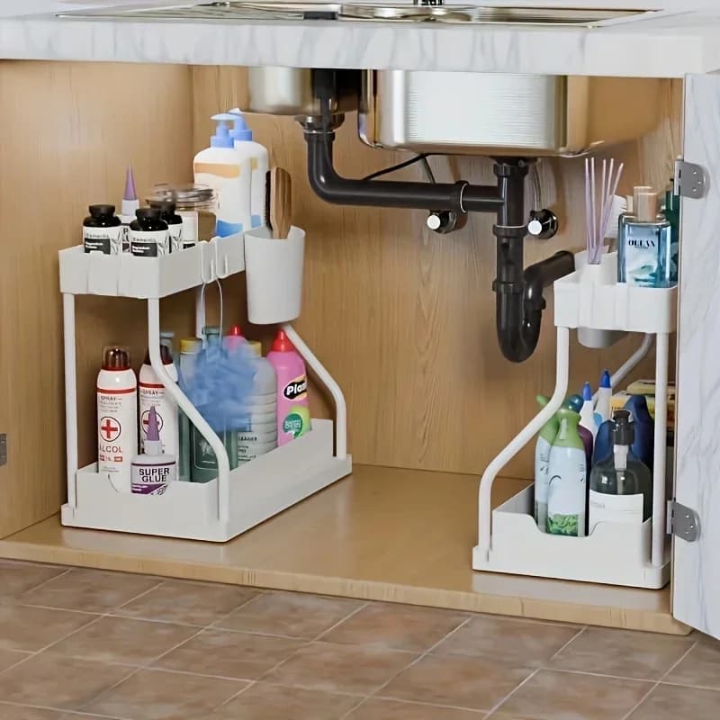 Organizer Sottolavello a 2 Livelli Salvaspazio - Cassetto Estraibile per Cucina e Bagno