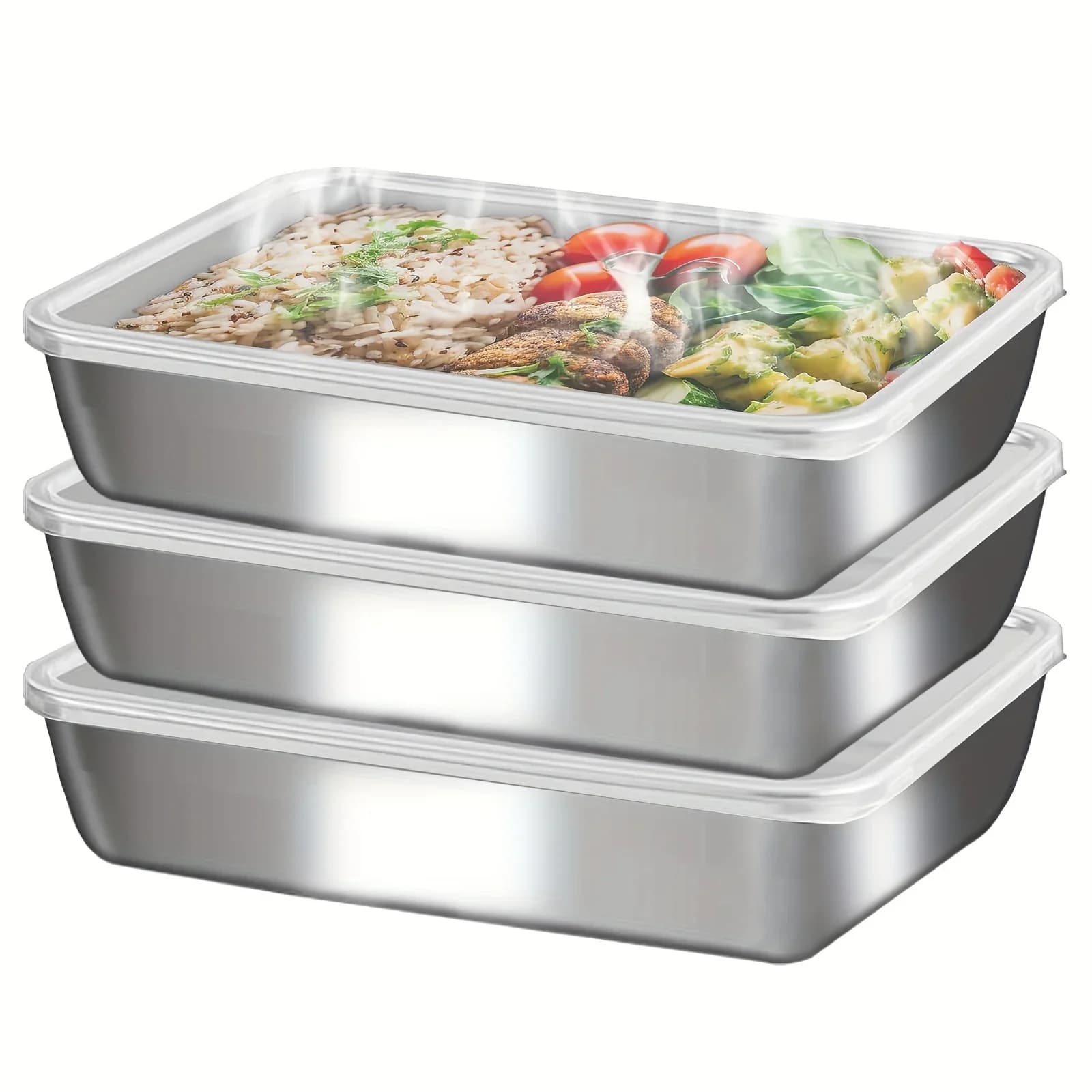 Set da 3 Contenitori Porta Pranzo in Acciaio Inox, Ermetici e Impilabili con Coperchio Trasparente per Campeggio