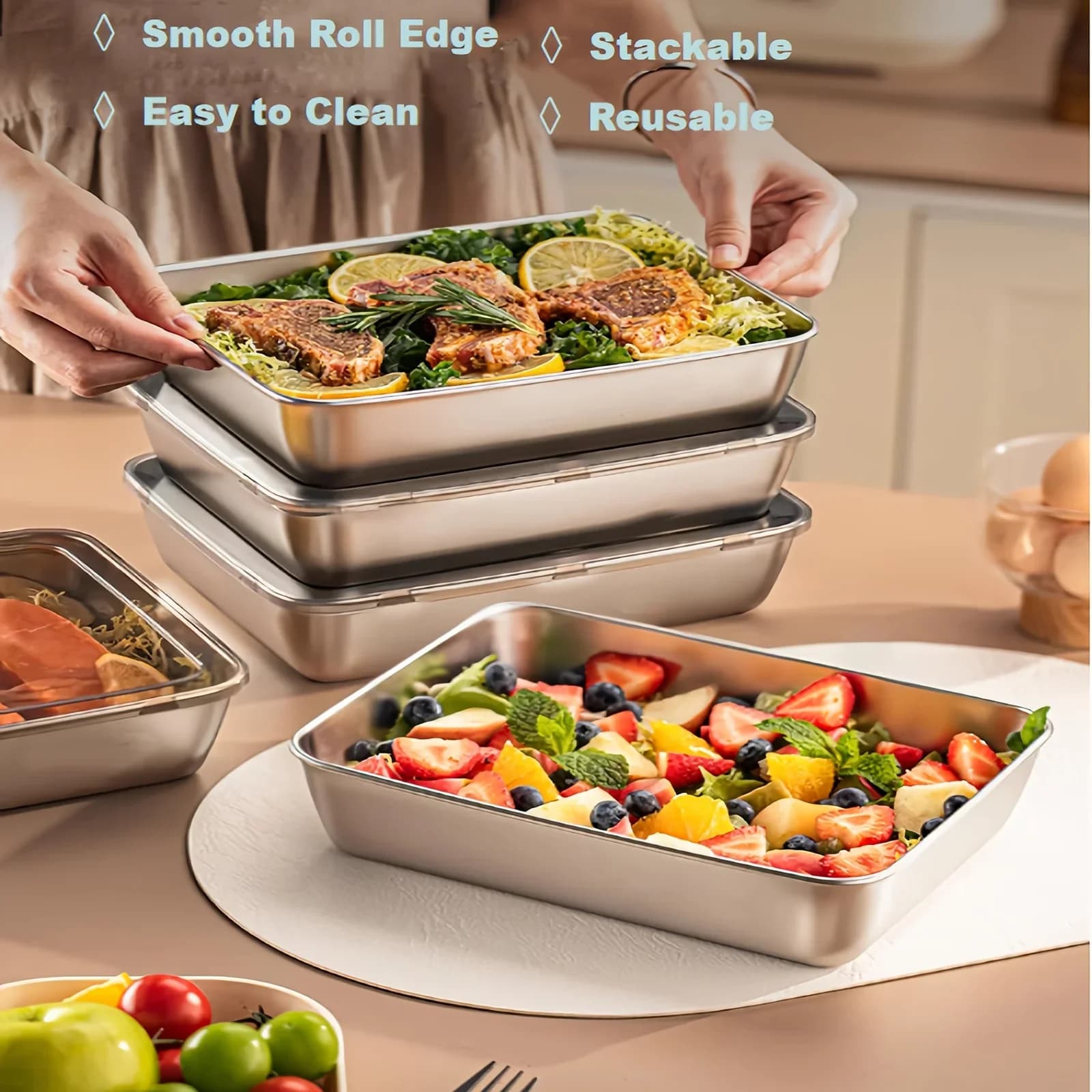 Set da 3 Contenitori Porta Pranzo in Acciaio Inox, Ermetici e Impilabili con Coperchio Trasparente per Campeggio