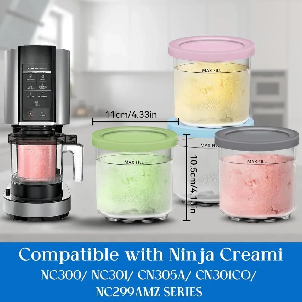 Set di 4 Barattoli con Coperchio per Ninja Creami, Vaschette per Gelato e Frullati