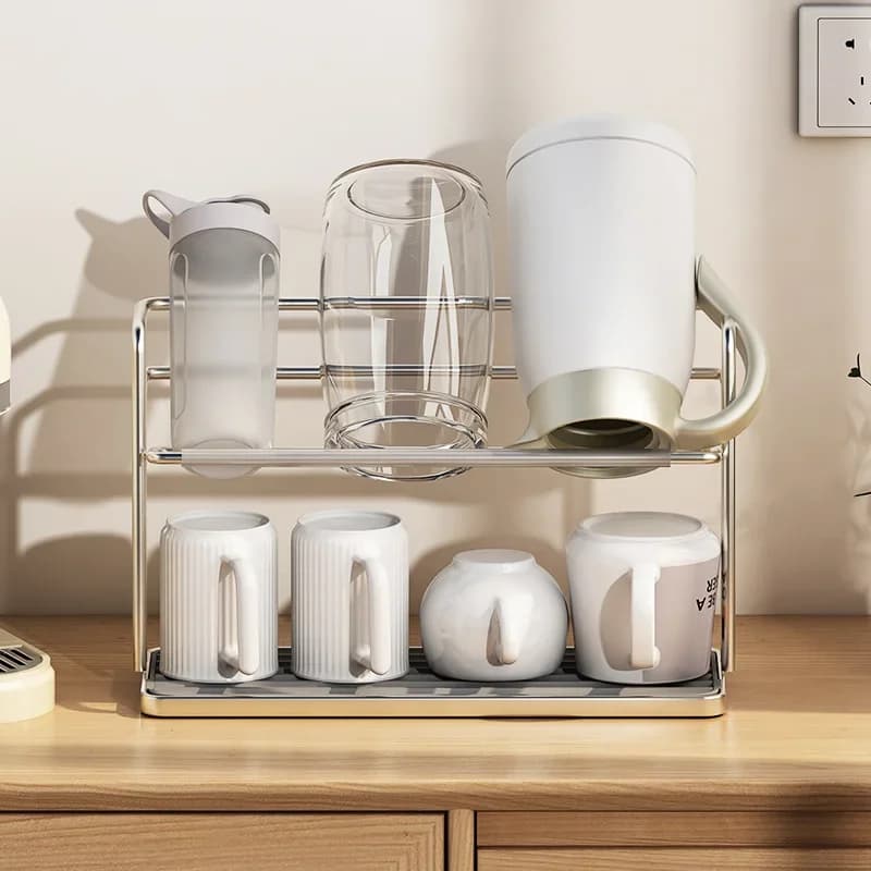 Scolabicchieri a Due Piani in Acciaio Inox, Porta Tazze e Bicchieri Sospesi con Vassoio da Cucina