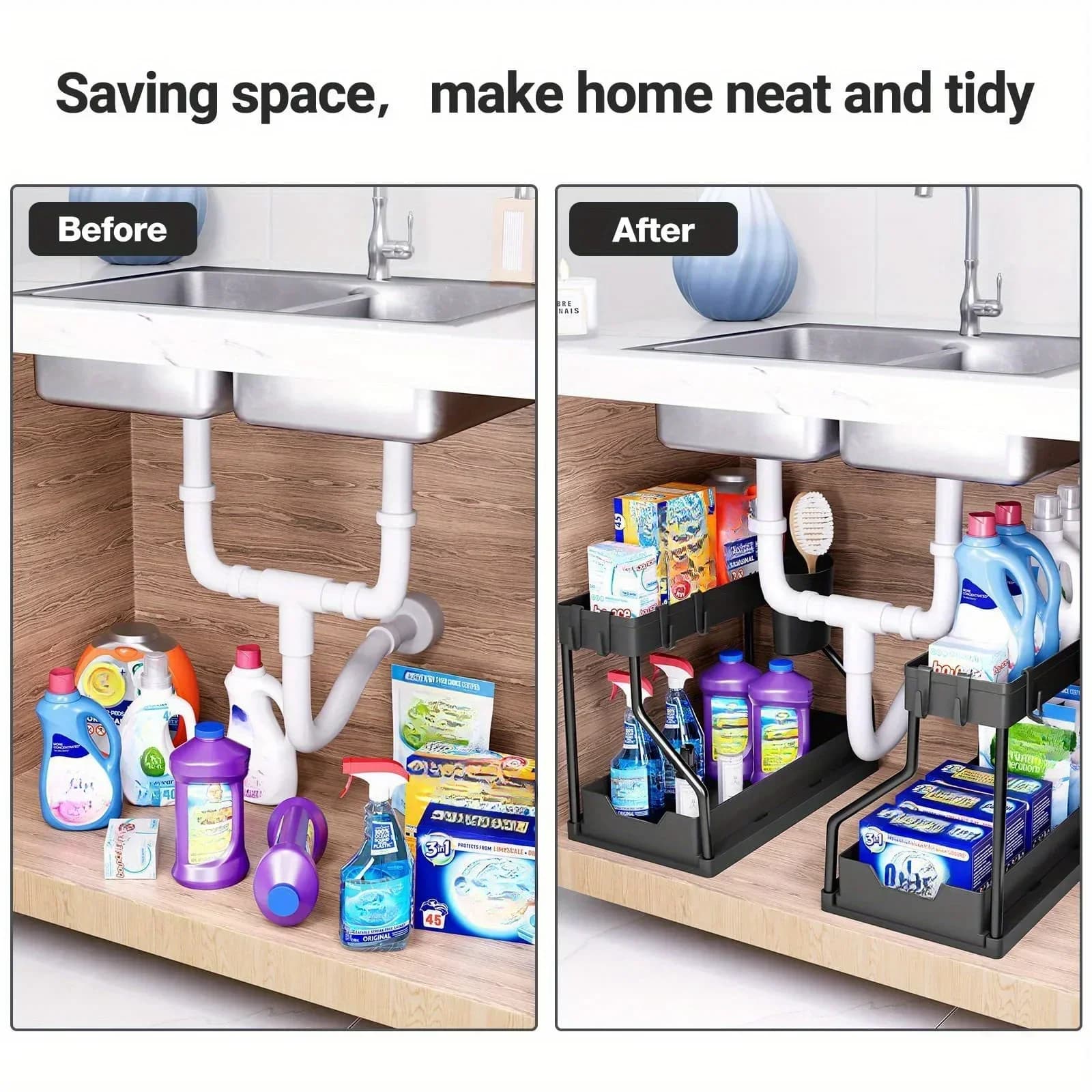 Organizer Estraibile Multistrato, Scaffale Salvaspazio per Spezie Cucina e Sottolavello Bagno