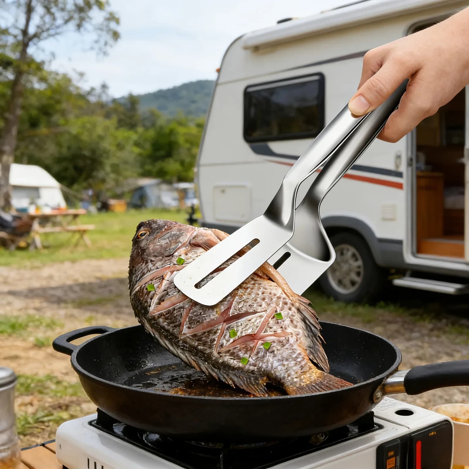 Pinza spatola da cucina a doppio lato in acciaio inox per carne e pesce