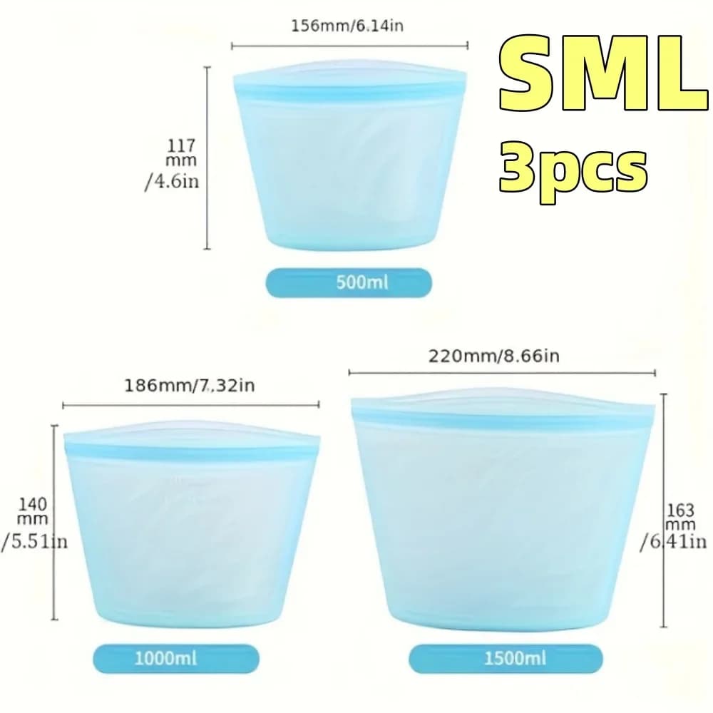Set Sacchetti Salvafreschezza in Silicone Riutilizzabili 1/3 pz per Frigo e Freezer