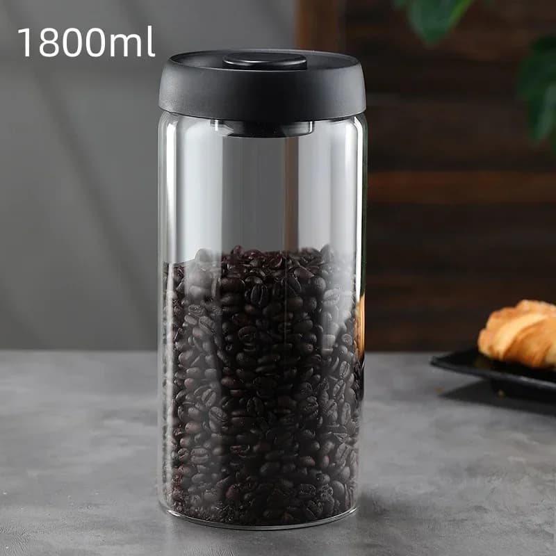 Barattolo Ermetico Sottovuoto Manuale in Vetro con Coperchio Nero - Per Chicchi di Caffè e Tè