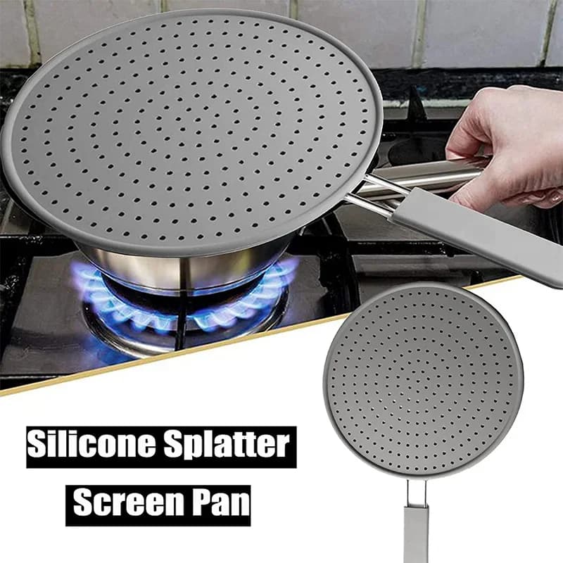 Paraschizzi da cucina in silicone con manico, coperchio paraolio termoresistente per padelle
