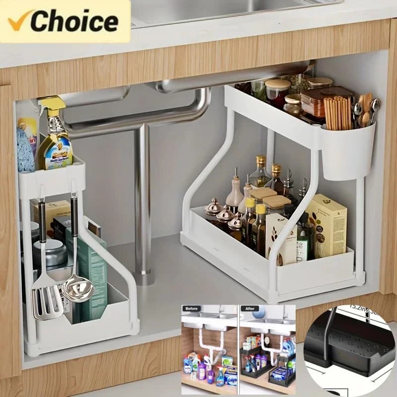 Organizer Sottolavello a 2 Livelli Salvaspazio - Cassetto Estraibile per Cucina e Bagno