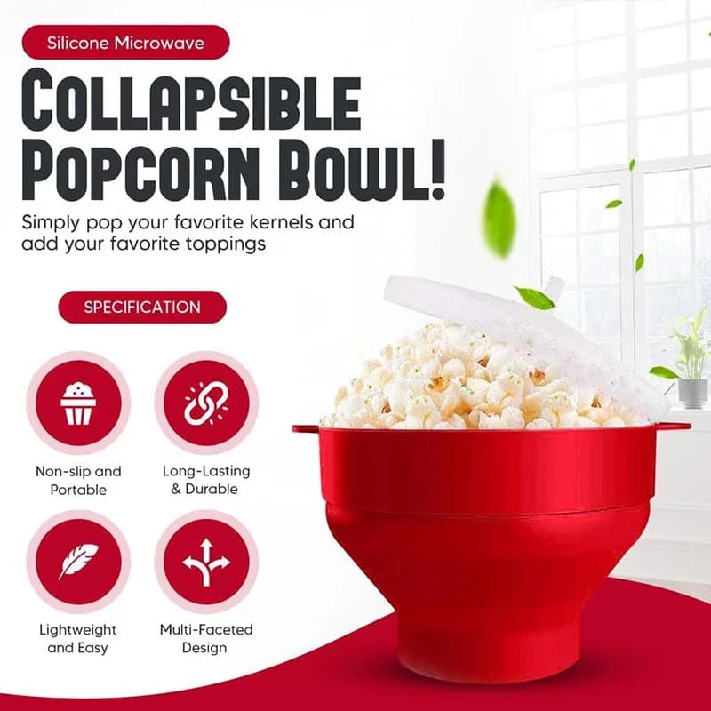 Ciotola per Popcorn da Microonde in Silicone Pieghevole Senza BPA con Coperchio