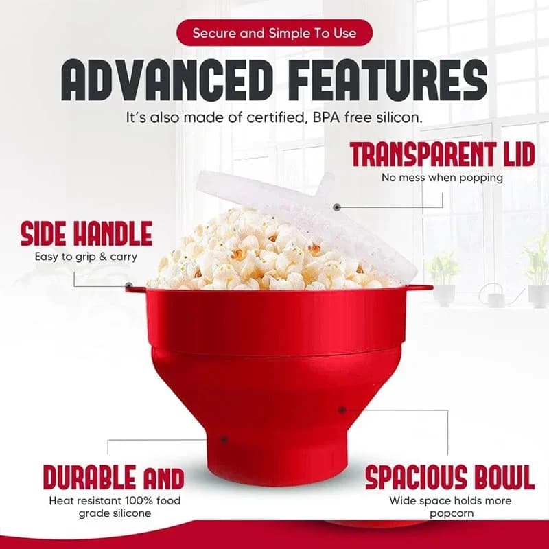 Ciotola per Popcorn da Microonde in Silicone Pieghevole Senza BPA con Coperchio