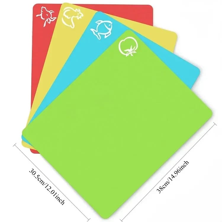 Set di 4 Taglieri Flessibili in Plastica Antiscivolo con Icone Cibo Tappetini da Taglio per Cucina