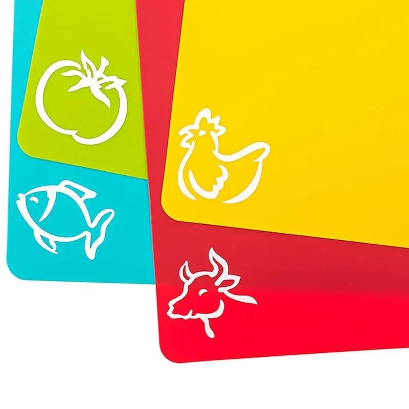Set di 4 Taglieri Flessibili in Plastica Antiscivolo con Icone Cibo Tappetini da Taglio per Cucina