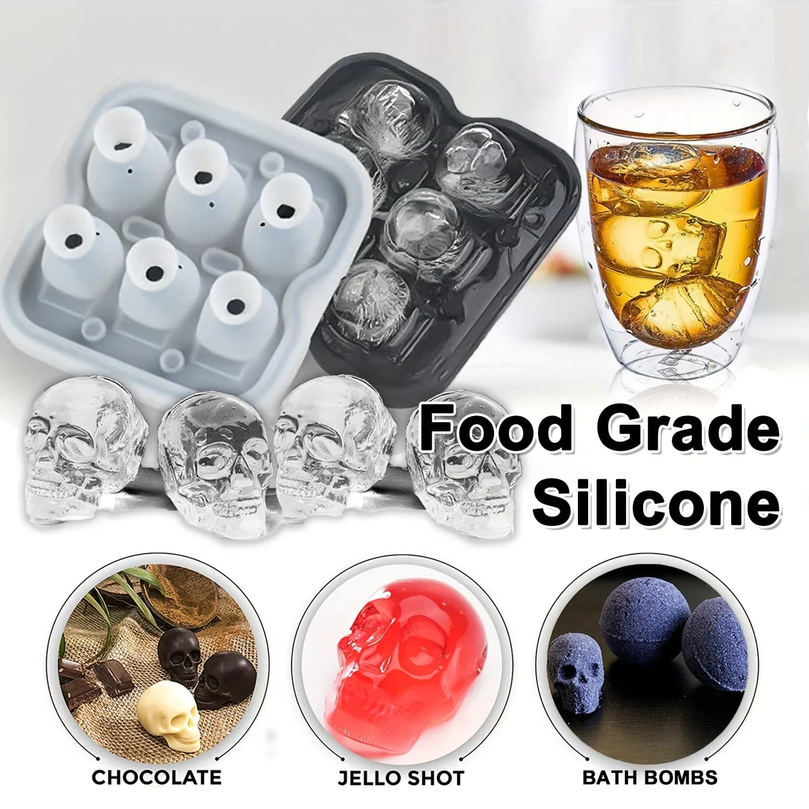 Stampo per cubetti di ghiaccio 3D a teschio in silicone senza BPA