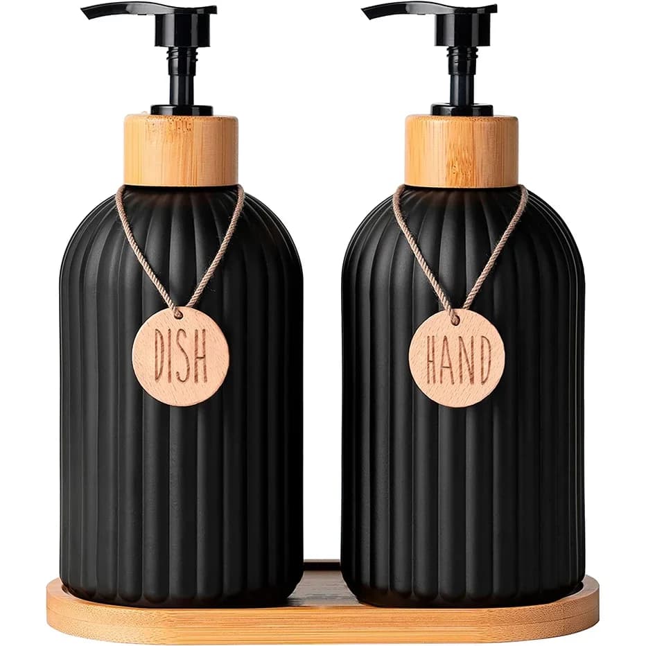 Set Dispenser Sapone Piatti e Mani Nero per Cucina con Etichette Contenitore da Appoggio Decorativo