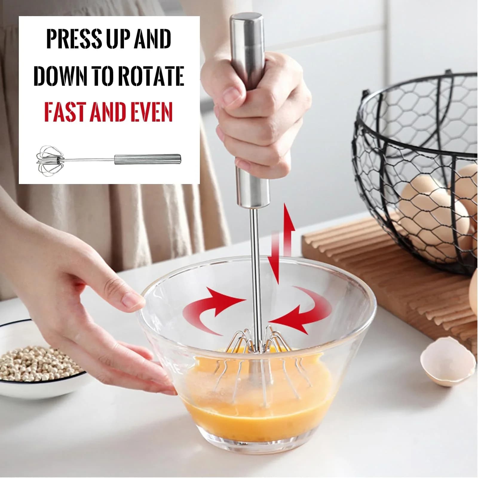 Frusta Sbattiuova Semiautomatica in Acciaio Inox Frullatore Manuale per Uova e Creme da Pasticceria