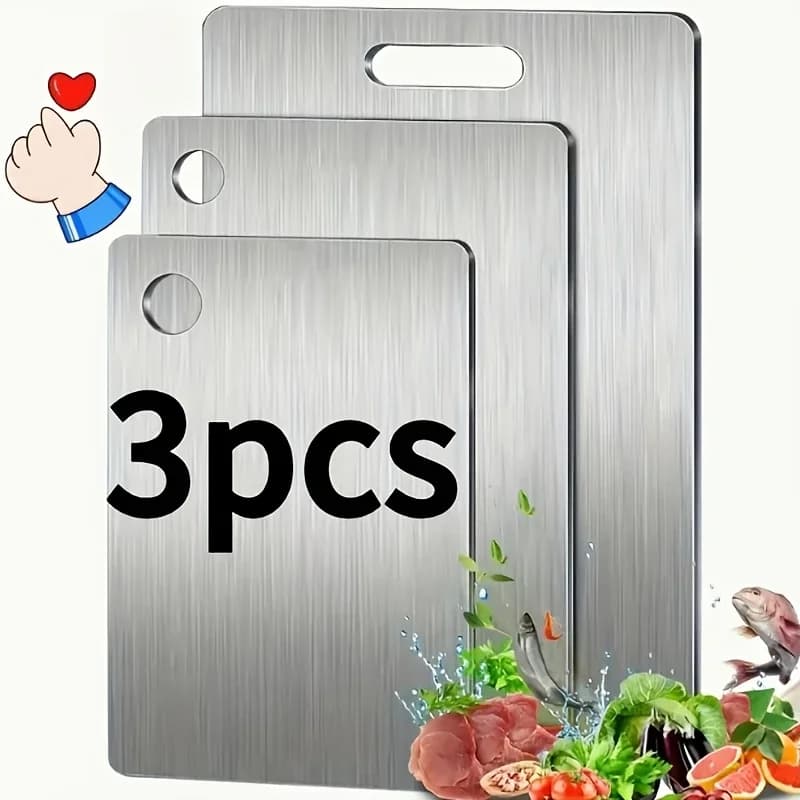 Set 3 Taglieri in Acciaio Inox - Antiscivolo con Scanalatura Salvagoccia, Lavabili in Lavastoviglie e Senza BPA