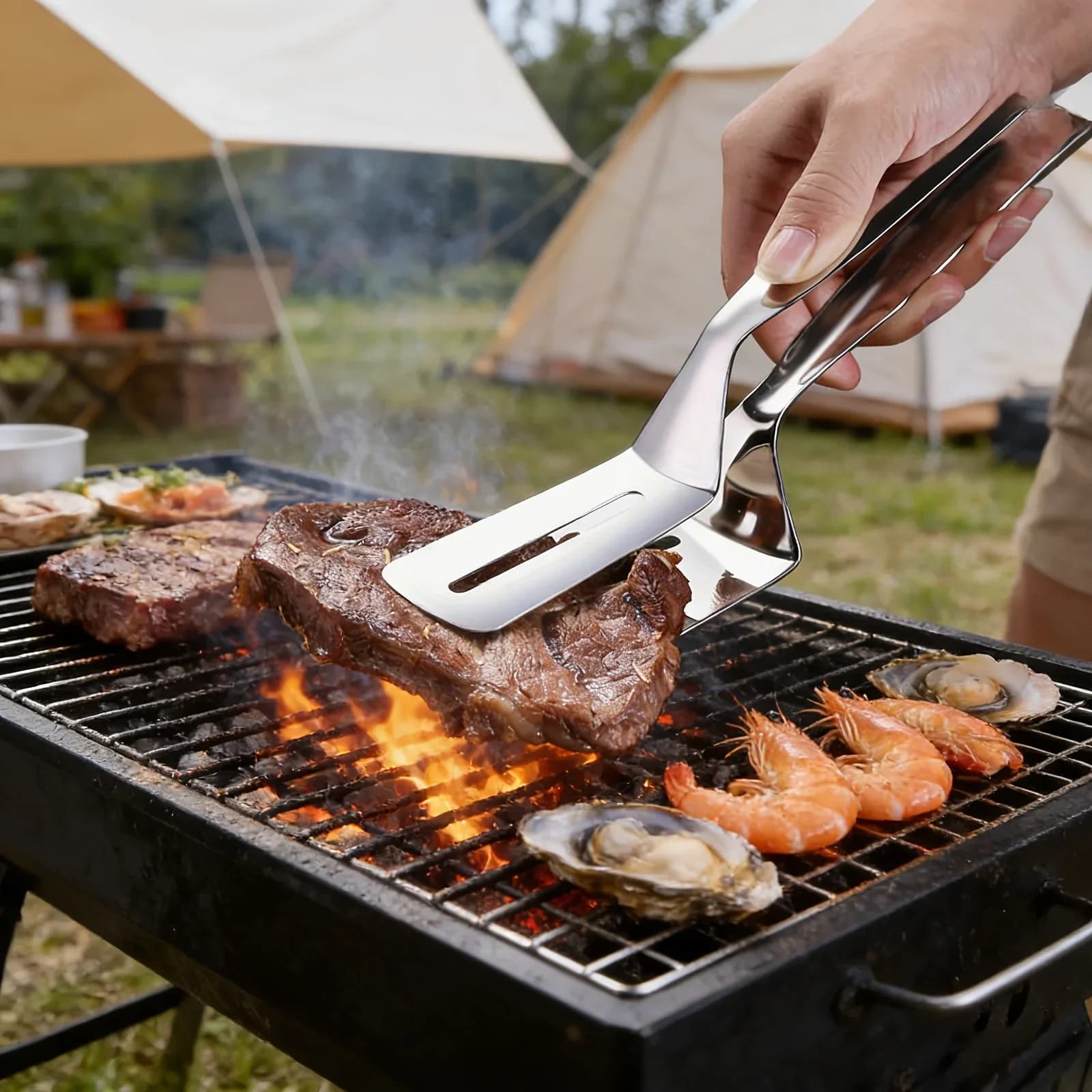 Pinza spatola da cucina a doppio lato in acciaio inox per carne e pesce