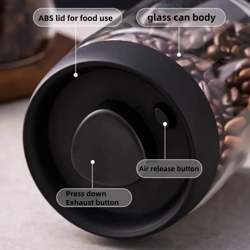 Barattolo Ermetico Sottovuoto Manuale in Vetro con Coperchio Nero - Per Chicchi di Caffè e Tè