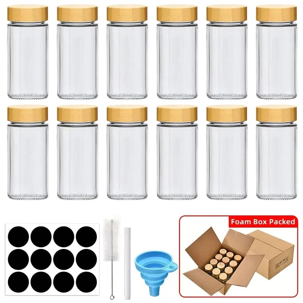 Set Barattoli per Spezie in Vetro (6/12/24 pz) con Coperchi in Bambù o Metallo, Etichette e Imbuto