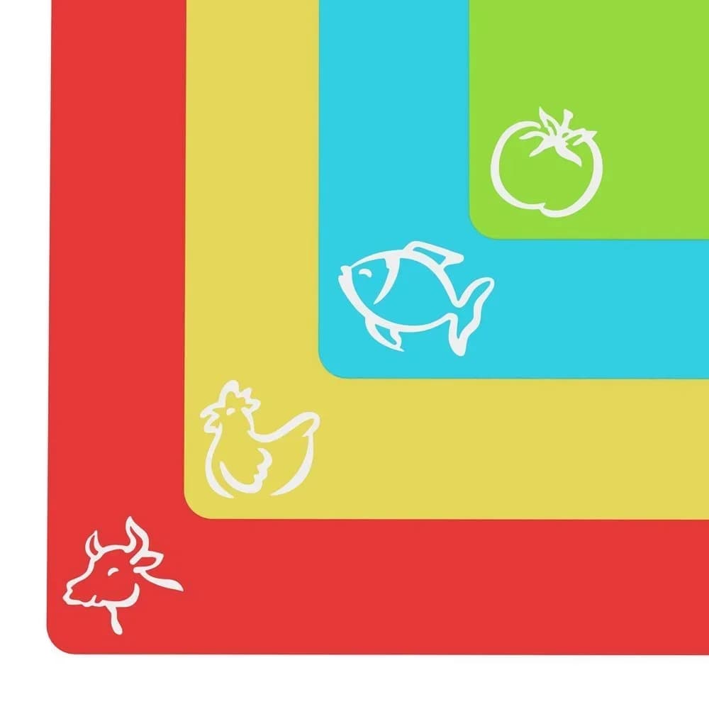 Set di 4 Taglieri Flessibili in Plastica Antiscivolo con Icone Cibo Tappetini da Taglio per Cucina