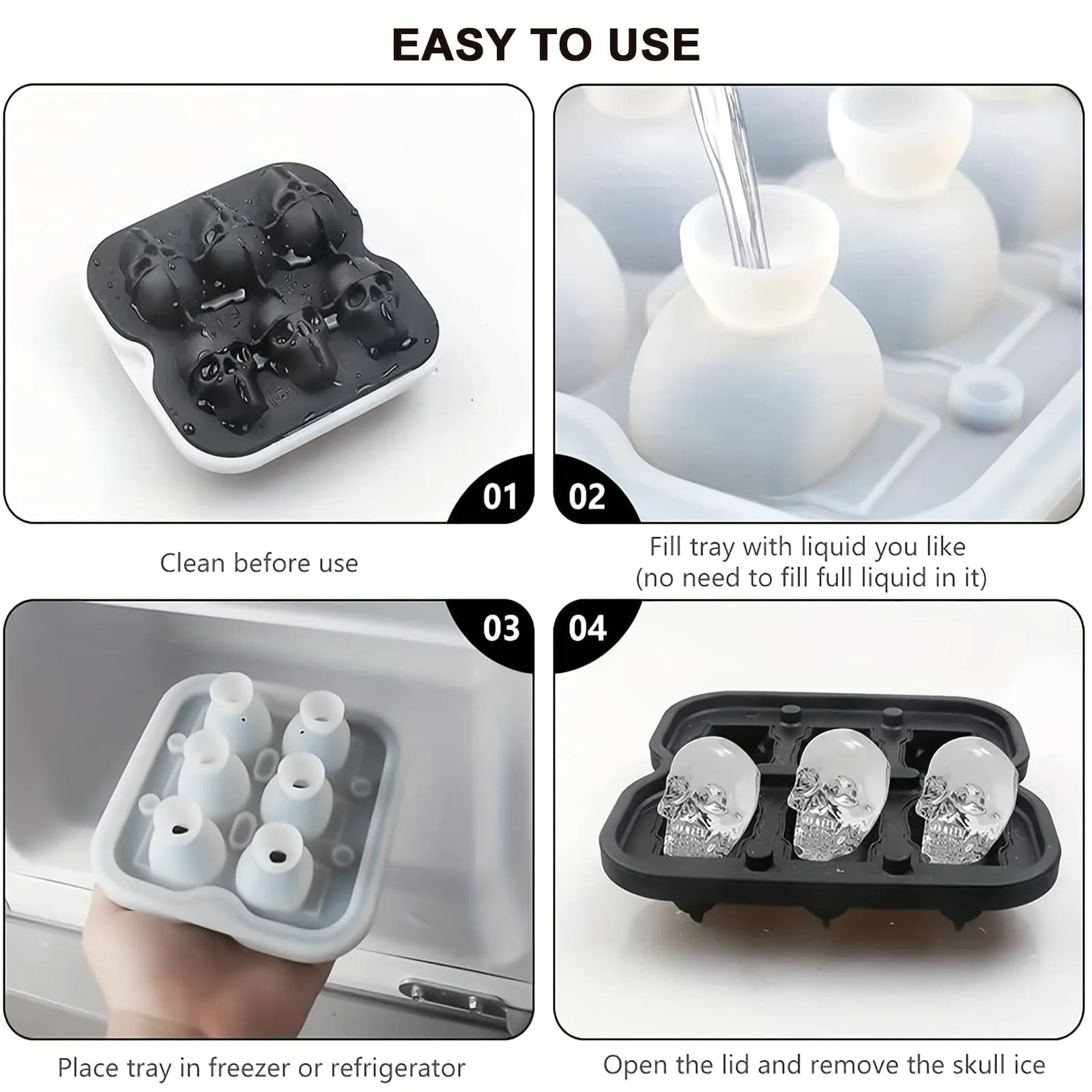 Stampo per cubetti di ghiaccio 3D a teschio in silicone senza BPA