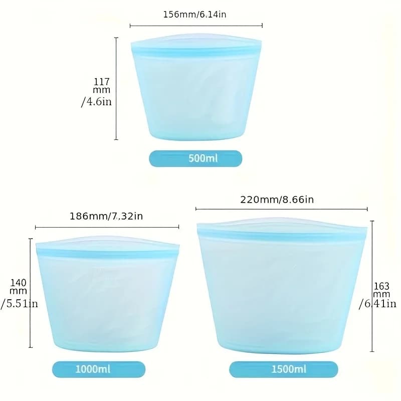 Set Sacchetti Salvafreschezza in Silicone Riutilizzabili 1/3 pz per Frigo e Freezer