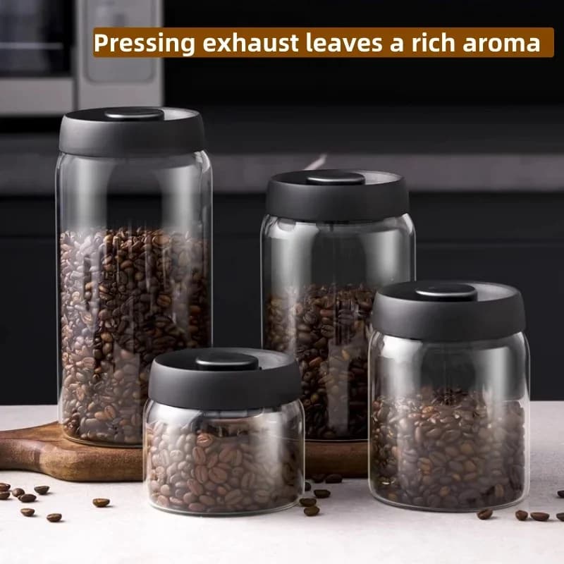 Barattolo Ermetico Sottovuoto Manuale in Vetro con Coperchio Nero - Per Chicchi di Caffè e Tè
