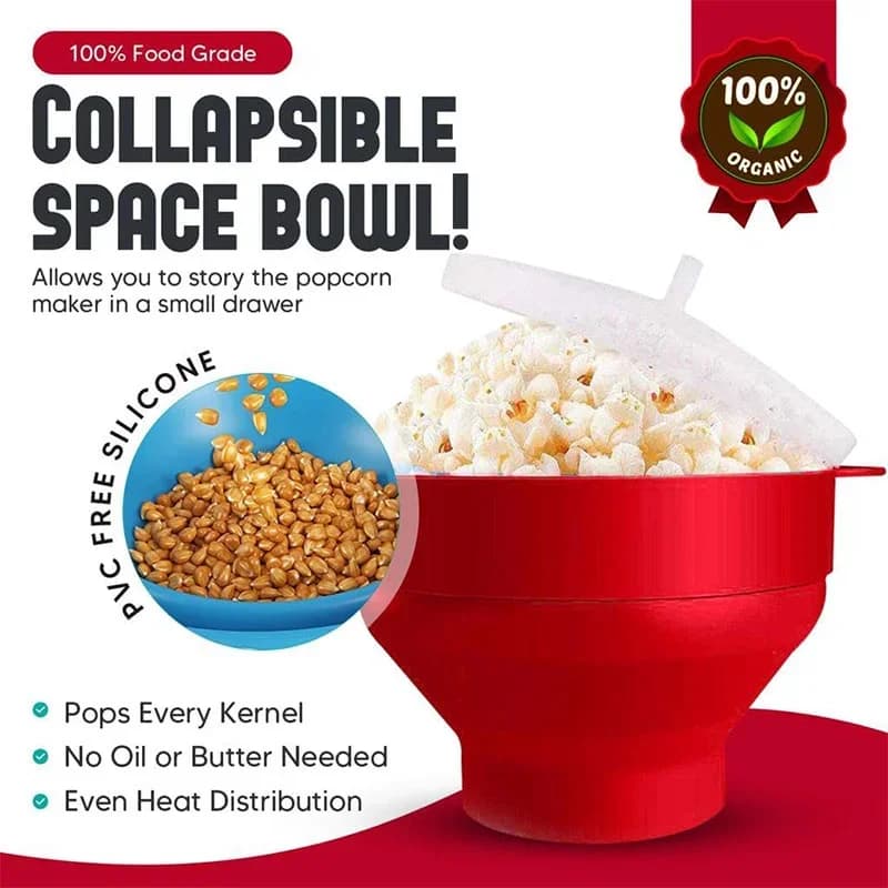 Ciotola per Popcorn da Microonde in Silicone Pieghevole Senza BPA con Coperchio