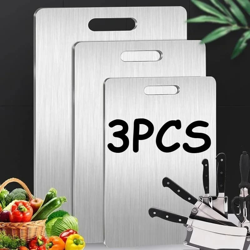 Set 3 Taglieri in Acciaio Inox - Tagliere Bifacciale per Carne, Verdure e Impasti
